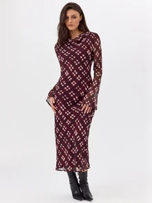 KÆRIA Hus Lined Cowl Neck Long Sleeve Midi Dress - Semi-Sheer Georgette - Burgundy Check - Elegant, Luxury - Red Violet - View 3