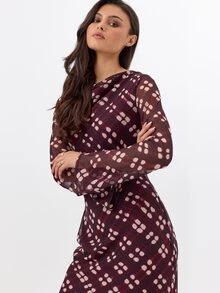 KÆRIA Hus Lined Cowl Neck Long Sleeve Midi Dress - Semi-Sheer Georgette - Burgundy Check - Elegant, Luxury - Red Violet - View 5
