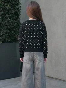 Tween Girl Loose Casual Kids Minimalist Comfortable Crew Neck Open Front Solid Color Autumn Sweater - Black - View 6