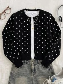 Tween Girl Loose Casual Kids Minimalist Comfortable Crew Neck Open Front Solid Color Autumn Sweater - Black - View 1