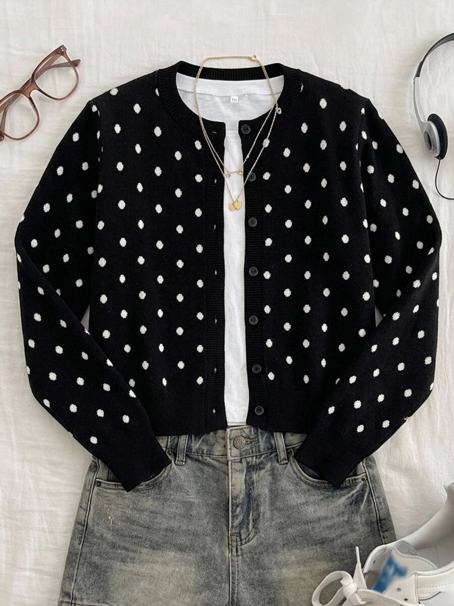 Tween Girl Loose Casual Kids Minimalist Comfortable Crew Neck Open Front Solid Color Autumn Sweater - Black - View 1