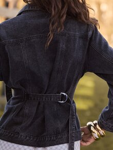 Aralina Women's Long Sleeve Single-Breasted Casual Denim Jacket - Dark Grey - View 6
