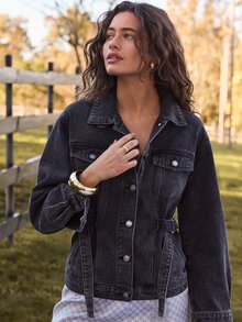 Aralina Women's Long Sleeve Single-Breasted Casual Denim Jacket - Dark Grey - View 8