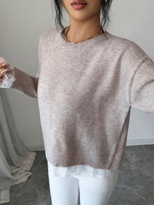 Elenzga Women's Autumn New Single Piece Round Neck Back Cross Lace Trim Patchwork Design Fashion Elegant French Style Daily Versatile Commute Date Knit Pullover Long Sleeve Sweater - Apricot - View 6