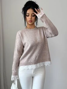 Elenzga Women's Autumn New Single Piece Round Neck Back Cross Lace Trim Patchwork Design Fashion Elegant French Style Daily Versatile Commute Date Knit Pullover Long Sleeve Sweater - Apricot - View 3