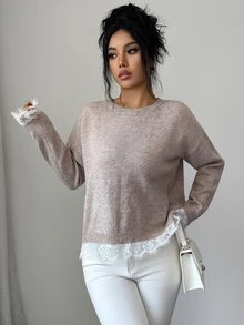 Elenzga Women's Autumn New Single Piece Round Neck Back Cross Lace Trim Patchwork Design Fashion Elegant French Style Daily Versatile Commute Date Knit Pullover Long Sleeve Sweater - Apricot - View 5