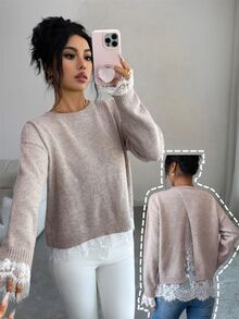 Elenzga Women's Autumn New Single Piece Round Neck Back Cross Lace Trim Patchwork Design Fashion Elegant French Style Daily Versatile Commute Date Knit Pullover Long Sleeve Sweater - Apricot - View 4