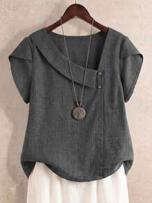 SHEIN LUNE 女款不對稱領寬鬆襯衫，深灰色，夏季，時尚優雅，度假度假風，休閒百搭花瓣袖上衣 - 深灰色 - 查看 1