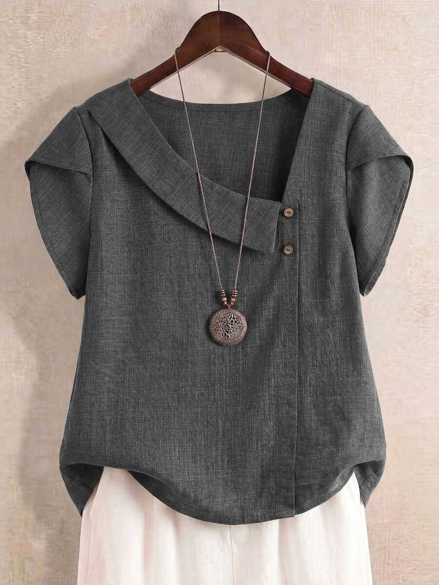 SHEIN LUNE 女款不對稱領寬鬆襯衫,深灰色,夏季,時尚優雅,度假度假風,休閒百搭花瓣袖上衣 - 深灰色 - 查看 1