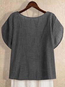 SHEIN LUNE 女款不對稱領寬鬆襯衫，深灰色，夏季，時尚優雅，度假度假風，休閒百搭花瓣袖上衣 - 深灰色 - 查看 2