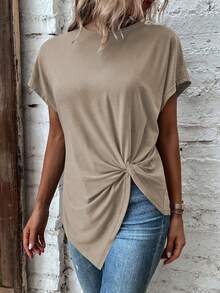Louniche Kaos Wanita Kasual Warna Polos dengan Detail Hem Berpilin - Khaki - View 6