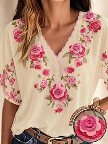 SHEIN LUNE Bohemian Print Linen Deep V-Neck Batwing Sleeve Design, Natural Draping Casual Everyday Shirt - Multicolor - View 5