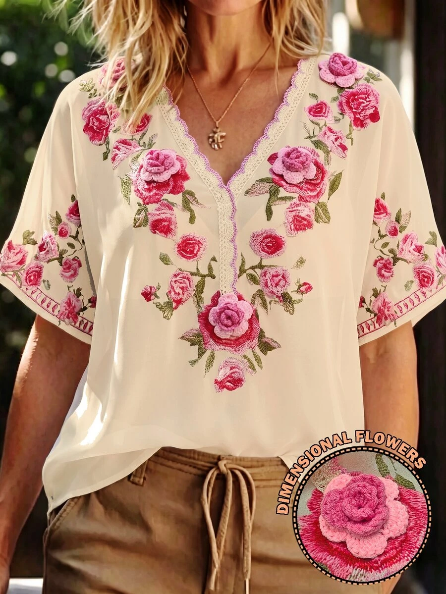 SHEIN LUNE Bohemian Print Linen Deep V-Neck Batwing Sleeve Design, Natural Draping Casual Everyday Shirt - Multicolor - View 1