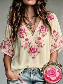 SHEIN LUNE Bohemian Print Linen Deep V-Neck Batwing Sleeve Design, Natural Draping Casual Everyday Shirt - Multicolor - View 3