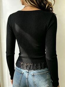 LUMIGAL Women's Lace Patchwork Fitted Versatile Daily Casual Knit Top - Black - View 2