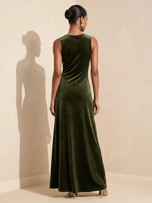 Vesra Women's Solid Color Cowl Neck Sleeveless Elegant Dress - Green - View 2