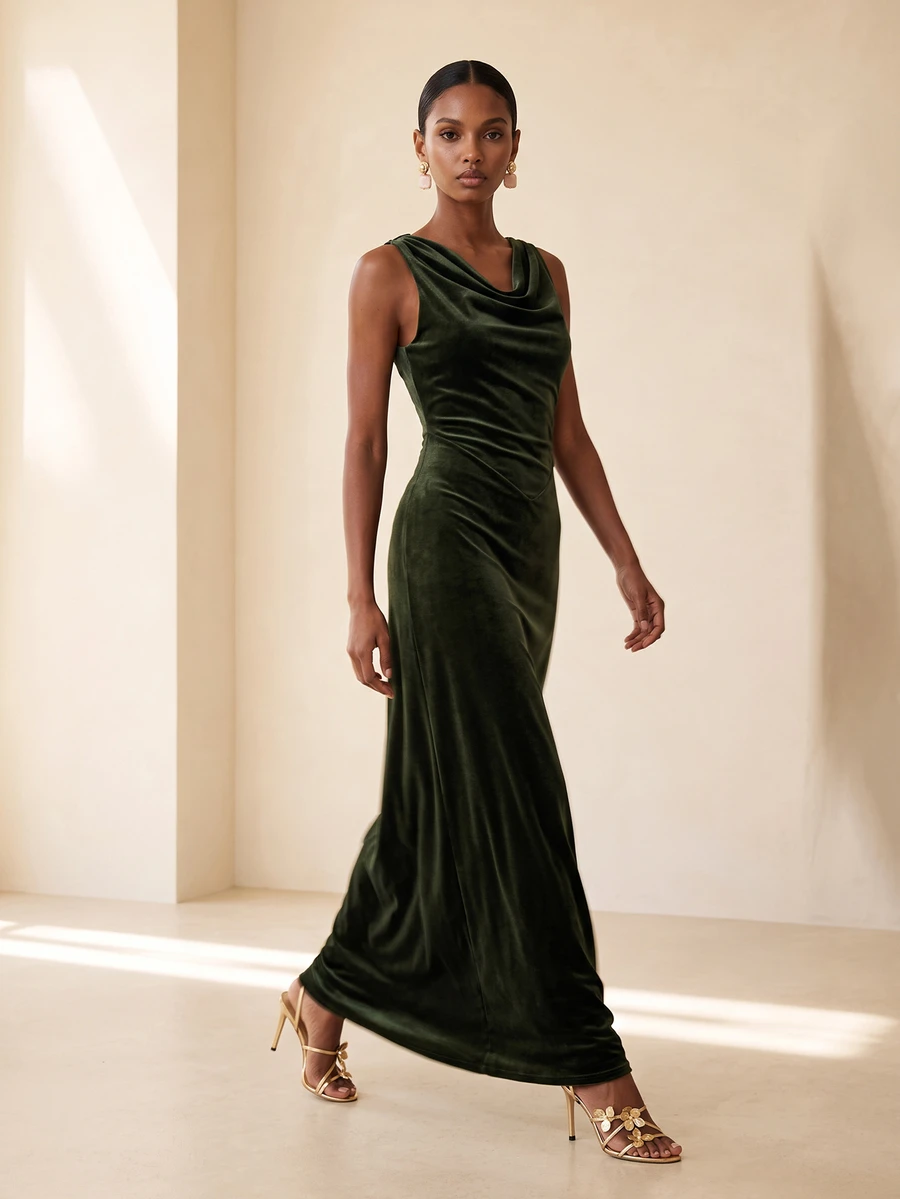 Vesra Women's Solid Color Cowl Neck Sleeveless Elegant Dress - Green - View 1