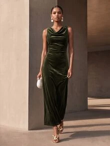 Vesra Women's Solid Color Cowl Neck Sleeveless Elegant Dress - Green - View 4