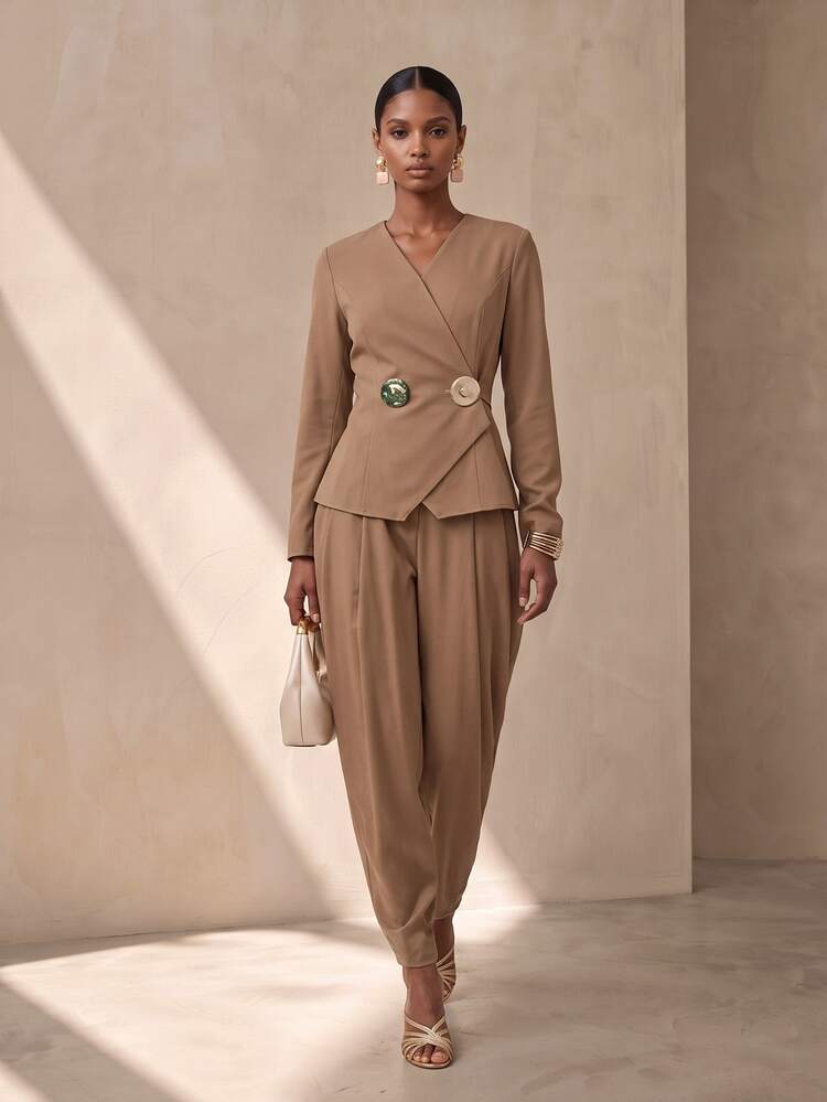Vesra 女款黑色裝飾扣西裝外套兩件套 - 黃色 - 查看 5