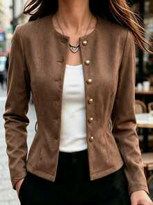Balvessa Women's Autumn & Winter Suede Long-Sleeve Coat. Featuring A Round Neck And Belted Design, This Coat Adopts A Vintage Tailored Cut For An Elegant Look, - Brown - View 7