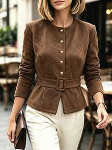 Balvessa Women's Autumn & Winter Suede Long-Sleeve Coat. Featuring A Round Neck And Belted Design, This Coat Adopts A Vintage Tailored Cut For An Elegant Look, - Brown - View 1