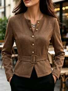 Balvessa Women's Autumn & Winter Suede Long-Sleeve Coat. Featuring A Round Neck And Belted Design, This Coat Adopts A Vintage Tailored Cut For An Elegant Look, - Brown - View 4