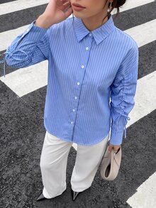 GlowEve 女士条纹印花前扣抽绳长袖衬衫、长袖上衣 - 藍色 - 查看 5