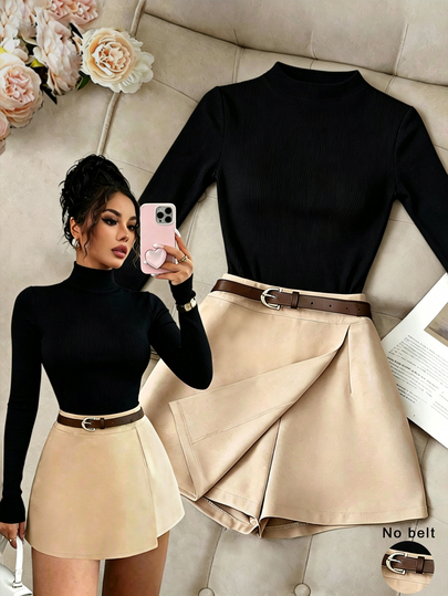 INAWLY Autumn/Winter Elegant Black Beige 2 Pieces Set, Semi-High Neck Ribbed Slim Fit Long Sleeve Top High-Waist Asymmetrical Skort Office