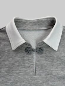 INAWLY Women's Colorblock Lapel Collar Frog Button Design Drop Shoulder Long Sleeve Casual Sweatshirt - Light Grey - View 4