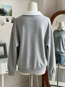 INAWLY Women's Colorblock Lapel Collar Frog Button Design Drop Shoulder Long Sleeve Casual Sweatshirt - Light Grey - View 2