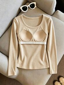 SHEIN Elenzya Women's T-Shirt Base Layer, Padded Top, Casual Comfortable For Daily Wear - Khaki - View 5