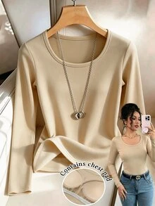 SHEIN Elenzya Women's T-Shirt Base Layer, Padded Top, Casual Comfortable For Daily Wear - Khaki - View 3