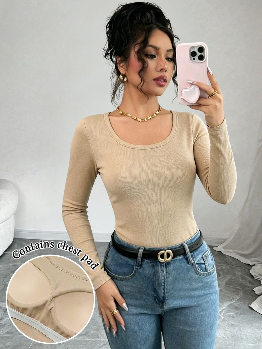 SHEIN Elenzya Women's T-Shirt Base Layer, Padded Top, Casual Comfortable For Daily Wear - Khaki - View 1