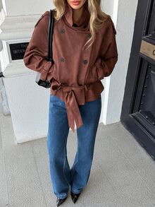 Pariaura Women's Fall Brown Double-Breasted Cinched Waist Short Trench Coat Lapel Lantern Sleeve High-Waist Cinched Jacket Thanksgiving Everyday Travel Going Out - Brown - View 8