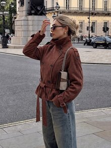 Pariaura Women's Fall Brown Double-Breasted Cinched Waist Short Trench Coat Lapel Lantern Sleeve High-Waist Cinched Jacket Thanksgiving Everyday Travel Going Out - Brown - View 5