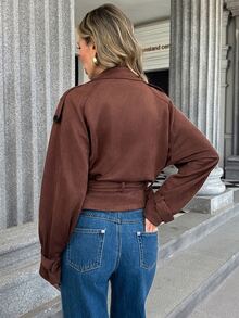 Pariaura Women's Fall Brown Double-Breasted Cinched Waist Short Trench Coat Lapel Lantern Sleeve High-Waist Cinched Jacket Thanksgiving Everyday Travel Going Out - Brown - View 2