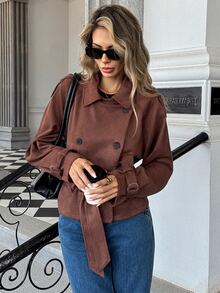Pariaura Women's Fall Brown Double-Breasted Cinched Waist Short Trench Coat Lapel Lantern Sleeve High-Waist Cinched Jacket Thanksgiving Everyday Travel Going Out - Brown - View 3