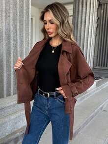 Pariaura Women's Fall Brown Double-Breasted Cinched Waist Short Trench Coat Lapel Lantern Sleeve High-Waist Cinched Jacket Thanksgiving Everyday Travel Going Out - Brown - View 4
