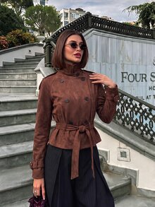 Pariaura Women's Fall Brown Double-Breasted Cinched Waist Short Trench Coat Lapel Lantern Sleeve High-Waist Cinched Jacket Thanksgiving Everyday Travel Going Out - Brown - View 1