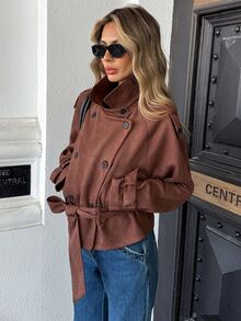 Pariaura Women's Fall Brown Double-Breasted Cinched Waist Short Trench Coat Lapel Lantern Sleeve High-Waist Cinched Jacket Thanksgiving Everyday Travel Going Out - Brown - View 9