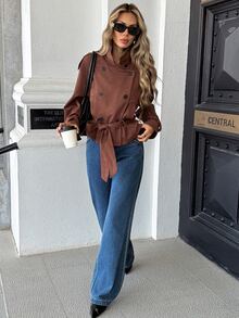 Pariaura Women's Fall Brown Double-Breasted Cinched Waist Short Trench Coat Lapel Lantern Sleeve High-Waist Cinched Jacket Thanksgiving Everyday Travel Going Out - Brown - View 6