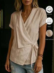 SHEIN Holidaya 女款交叉V領白色前綁帶襯衫，度假風襯衫 - 卡其色 - 查看 7