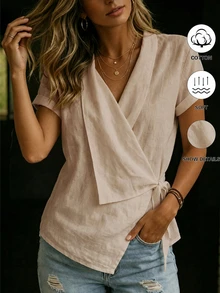SHEIN Holidaya 女款交叉V領白色前綁帶襯衫，度假風襯衫 - 卡其色 - 查看 4