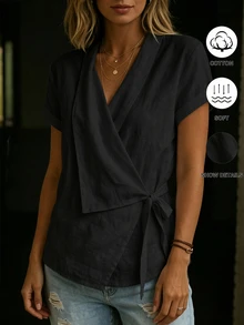 SHEIN 女款白色交叉V領前綁帶襯衫，度假風襯衫 - 黑色 - 查看 7