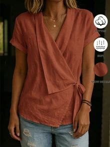 SHEIN Women's White Cross V-Neck Tie Front Blouse, Women's Vacation Shirt - Orange - View 5