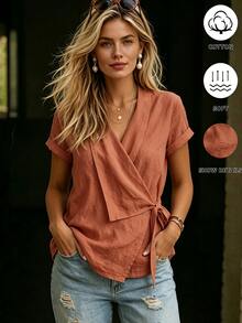 SHEIN Women's White Cross V-Neck Tie Front Blouse, Women's Vacation Shirt - Orange - View 3