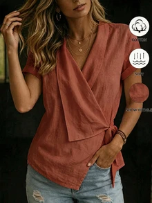 SHEIN Women's White Cross V-Neck Tie Front Blouse, Women's Vacation Shirt - Orange - View 4