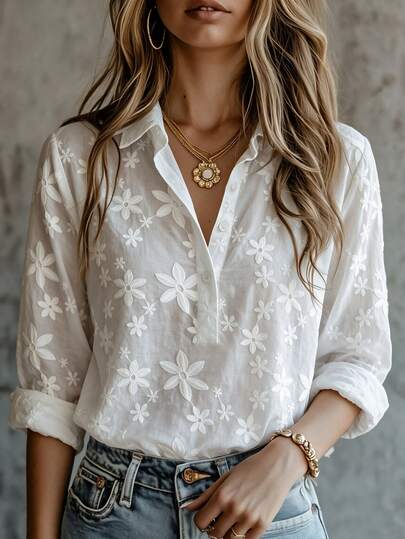 SHEIN Women's White Floral Embroidered Semi-Sheer Fabric Polo Collar 3/4 Sleeve Blouse, Suitable For Daily Commute, Daily Elegant, Daily Casual Fashion, Casual Vacation, Business Meeting, Spring And Autumn Season Versatile Blouse