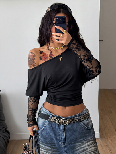 Coolane Women Plus Size Fall Winter Elegant Vintage Formal Streetwear Casual Asymmetric Shoulder Contrast Lace Long Sleeve Black T-Shirt
