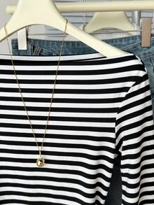 Muvela Women's Versatile Open Shoulder Black And White Striped Long-Sleeve Knit T-Shirt, Slim-Fit Casual French Ideal For Fall Workwear Brunch - Black and White - View 6